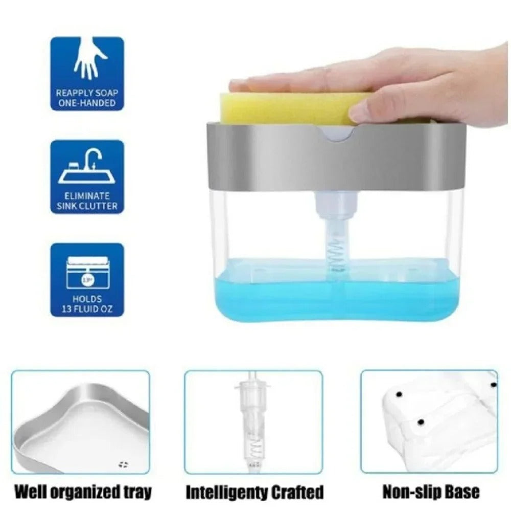 Soap Dispenser for Kitchen Sink – 2-in-1 Sponge Holder Pump, Saves Soap & Space