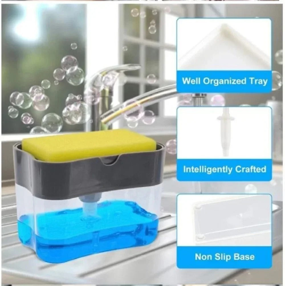 Soap Dispenser for Kitchen Sink – 2-in-1 Sponge Holder Pump, Saves Soap & Space